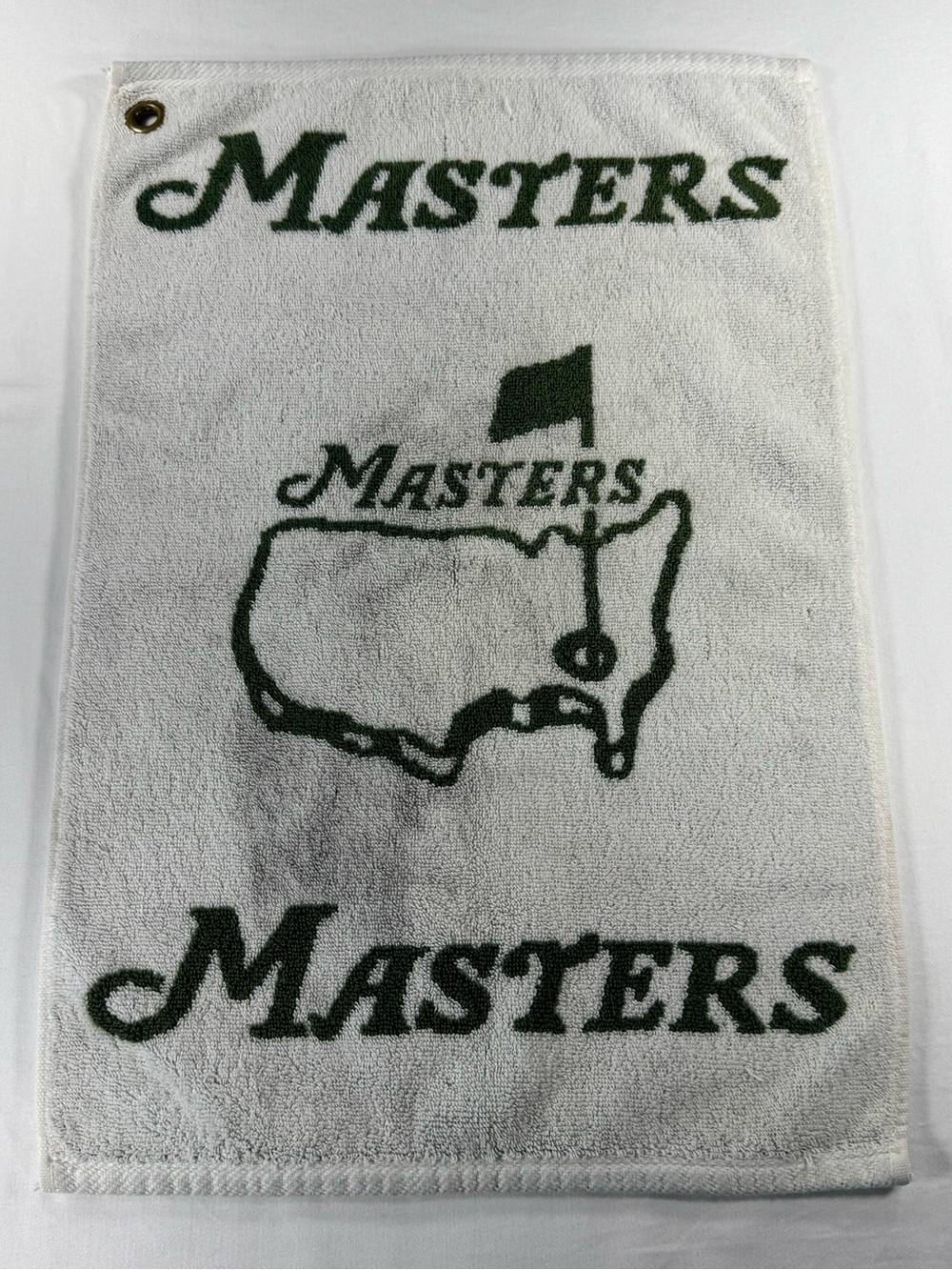 Masters Golfbag Towel White & Green Logo Cotton with Golden Grommet (stained)